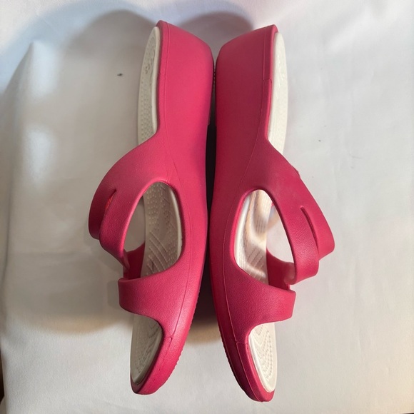 CROCS Sz 9 Straps Slip On Wedge Pink Sandals Slides - Picture 7 of 11
